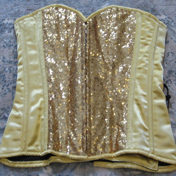 Daisy Corsets Gold Sequin and Satin Overbust Corset Top ~ Size Large - Picture 2 of 7